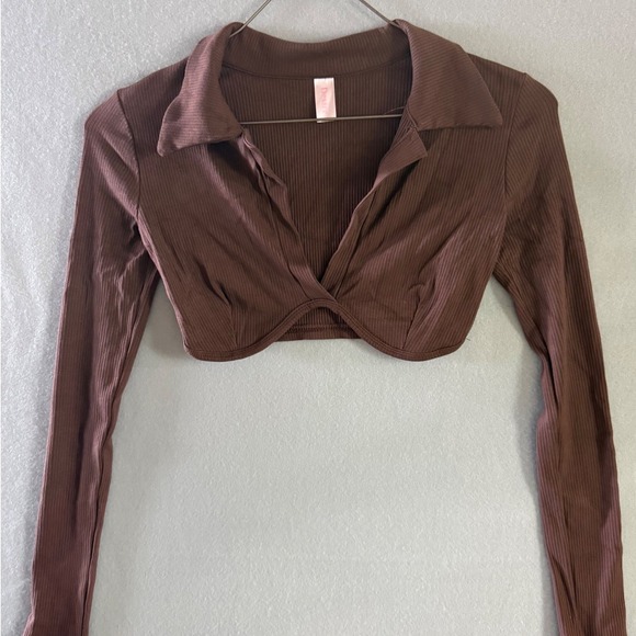 Dexire Tops - Dexire Womens S Crop Top Brown Excellent Ribbed Long Sleeve V-Neck Tulip Hem